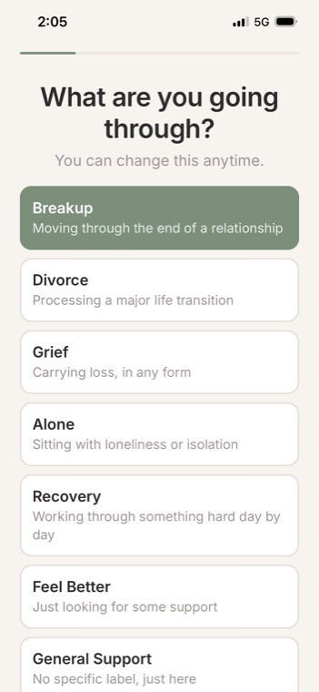 BuddySay onboarding screen for choosing what you are going through