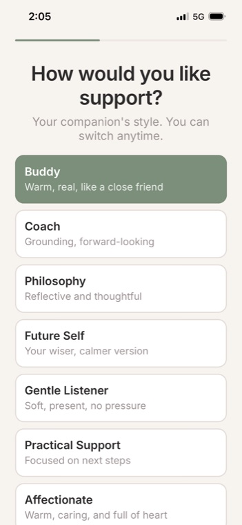BuddySay companion style selection screen