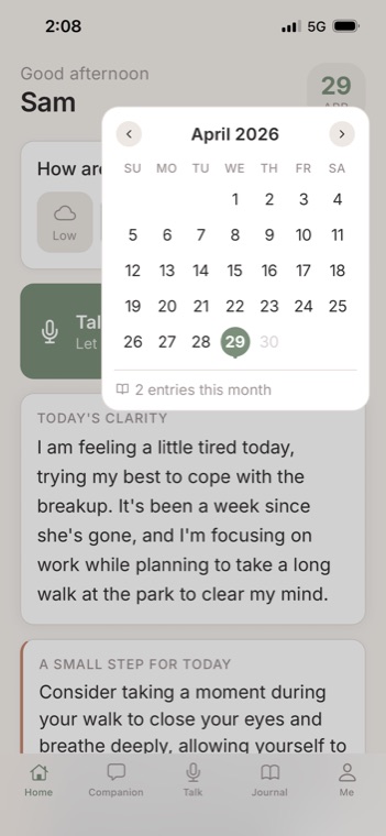 BuddySay journal calendar screen showing entries this month